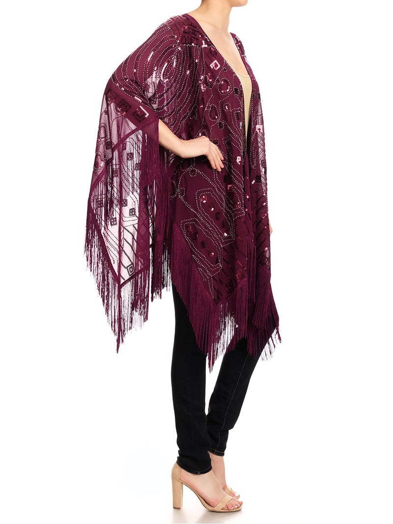 Anna-Kaci Womens Oversized Gatsby Hand Beaded Fringed Sequin Evening Shawl Wrap, Burgundy, Onesize - Image 4